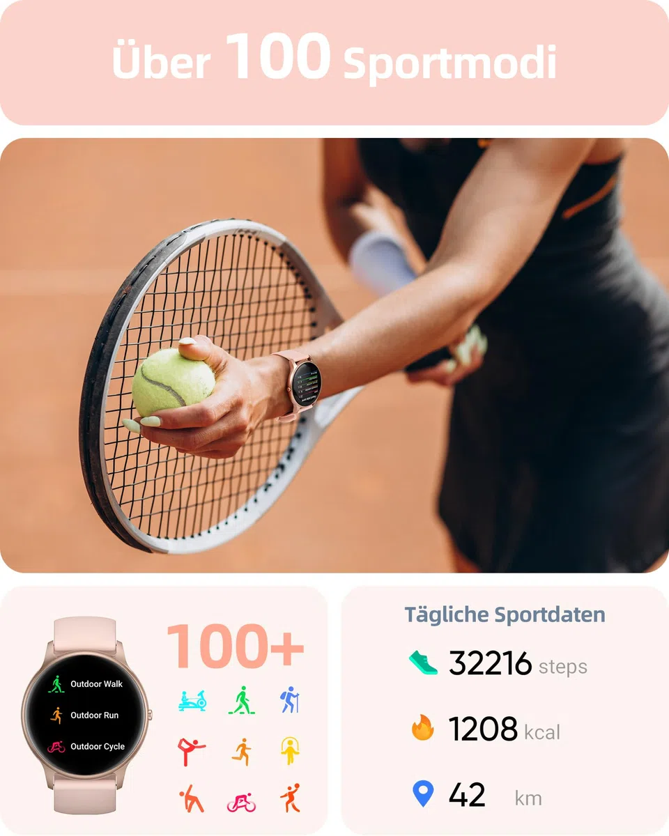 Parsonver Smartwatch Damen Rund mit Telefonfunktion, Fitnessuhr Frauen Schrittzähler, 100+ Sportmodi, IP68 Wasserdicht, Herzfrequenz Schlafmonitor SpO2, Roségold