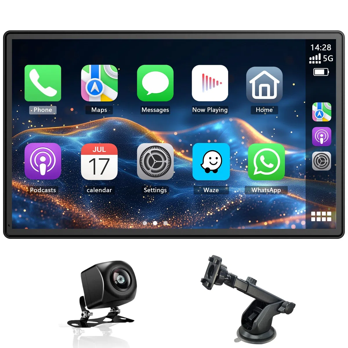 Wireless Carplay Display für Carplay & Android Auto, 9 Zoll Android Auto Display Car Play Bildschirm mit Rückfahrkamera, GPS Navigation, Sprachsteuerung, Bluetooth, Mirror Link, FM, AUX