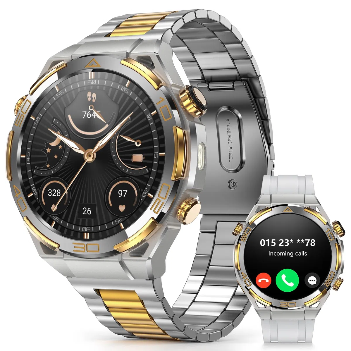 IOWODO Smartwatch Herren Luxus Business mit 14K Gold-Inlay, ChatGPT KI, GPS & Kompass, 1,43" AMOLED, Bluetooth Telefonie, 20 Tage Akku, AI Watch Faces, Gesundheitsmonitor, 100+ Sprotmodi, Silber