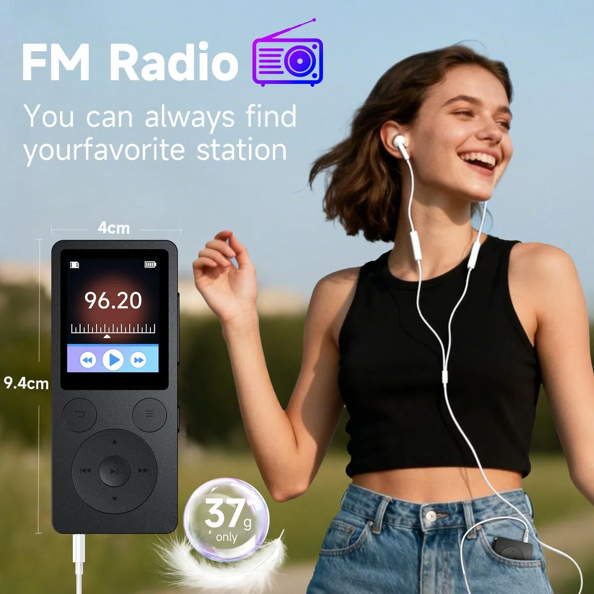 64GB MP3 Player Bluetooth 5.3 & Lautsprecher – Upgrade mit physischen Tasten (Zurück, Menü, Lautstärke), Nur 37g mit Kopfhörer FM Radio Diktiergerät Mini-Design HiFi-Sound, bis zu 128G