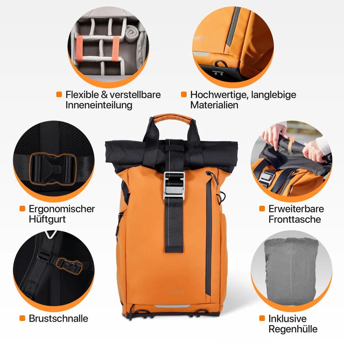 Rollei Fotoliner Ocean Rolltop Kamerarucksack Wasserdicht Fotorucksack Groß Kamera Rucksack mit Laptopfach Stativhalter für DSLR SLR Kameras