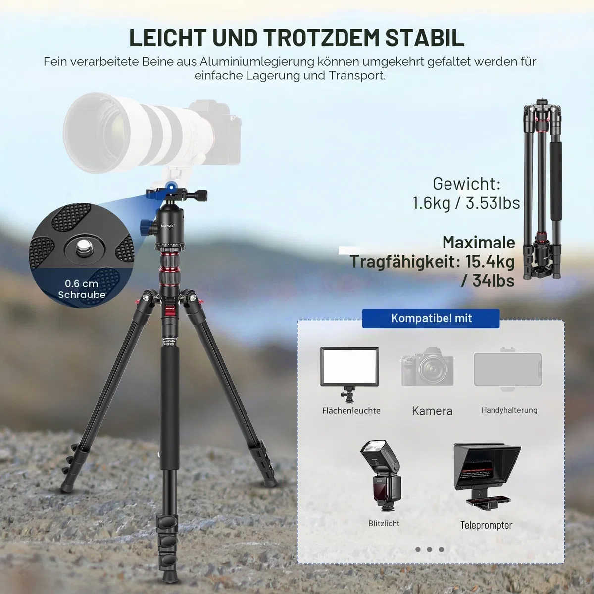 NEEWER 195,6cm Kamera Stativ Einbeinstativ mit Handyhalter, 360° Kugelkopf, Aluminium DSLR Tripod, Max 15,4kg, TP77