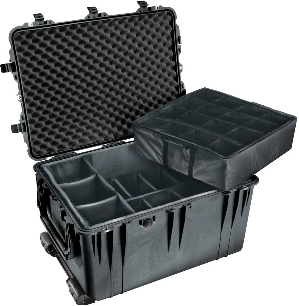 PELI 1660-024-110E Robuster Großer Koffer für Kamera- und Videoequipment, IP67 Wasser- und Staubdicht, 160L Volumen, mit gepolstertem Einteilungssystem, Schwarz