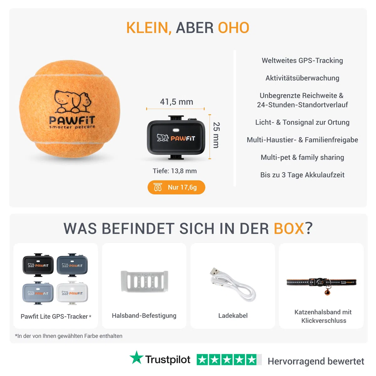 Pawfit Lite für Katzen 4G GPS-Tracker | Ultrakompakt <18g | Echtzeit-Tracking & Aktivität | Standortverlauf | Sicherheits-Halsband inkl. | Weiß