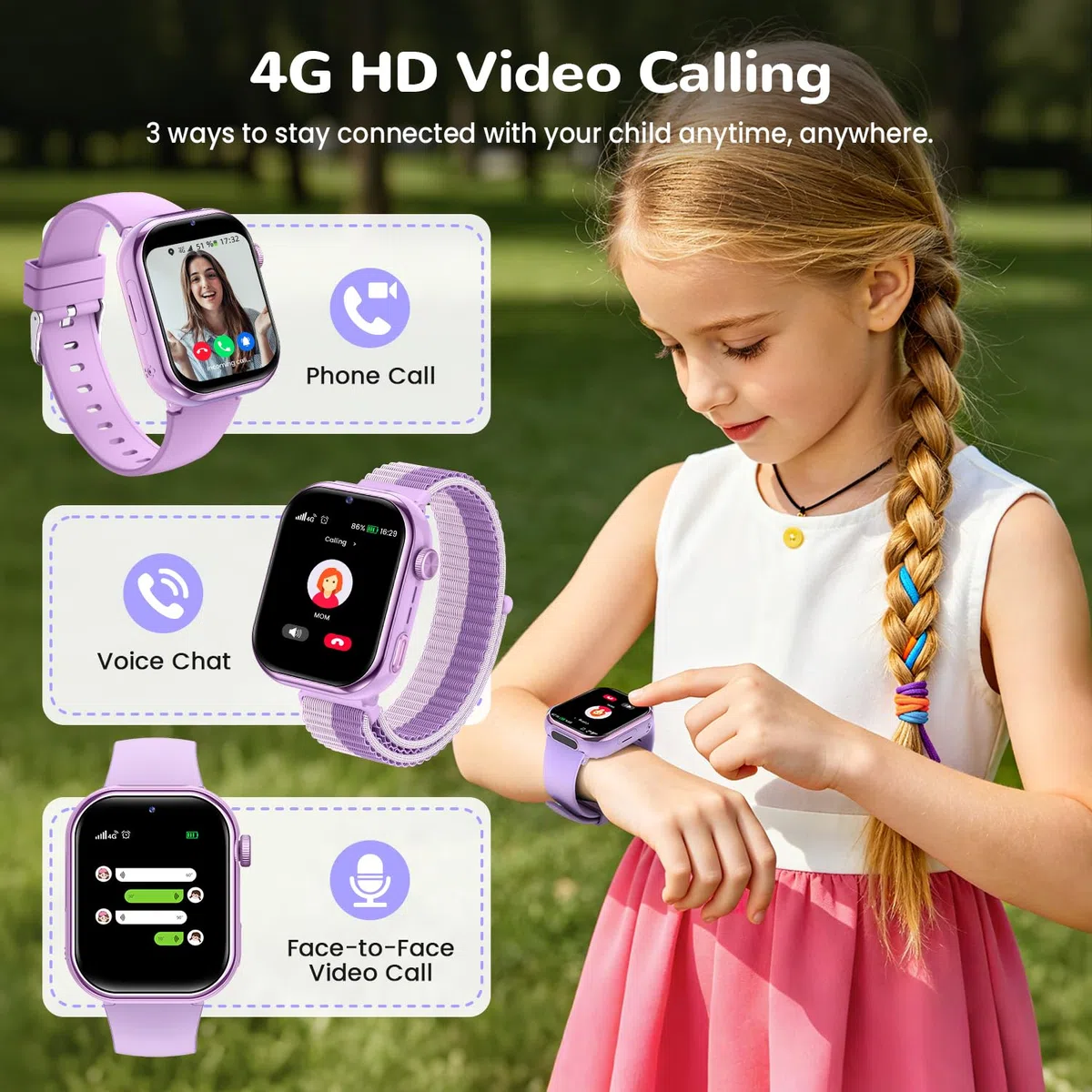 Smartwatch Kinder mit GPS und Telefon, Kinderuhr mit SIM, Videoanrufe, IP68, Lila