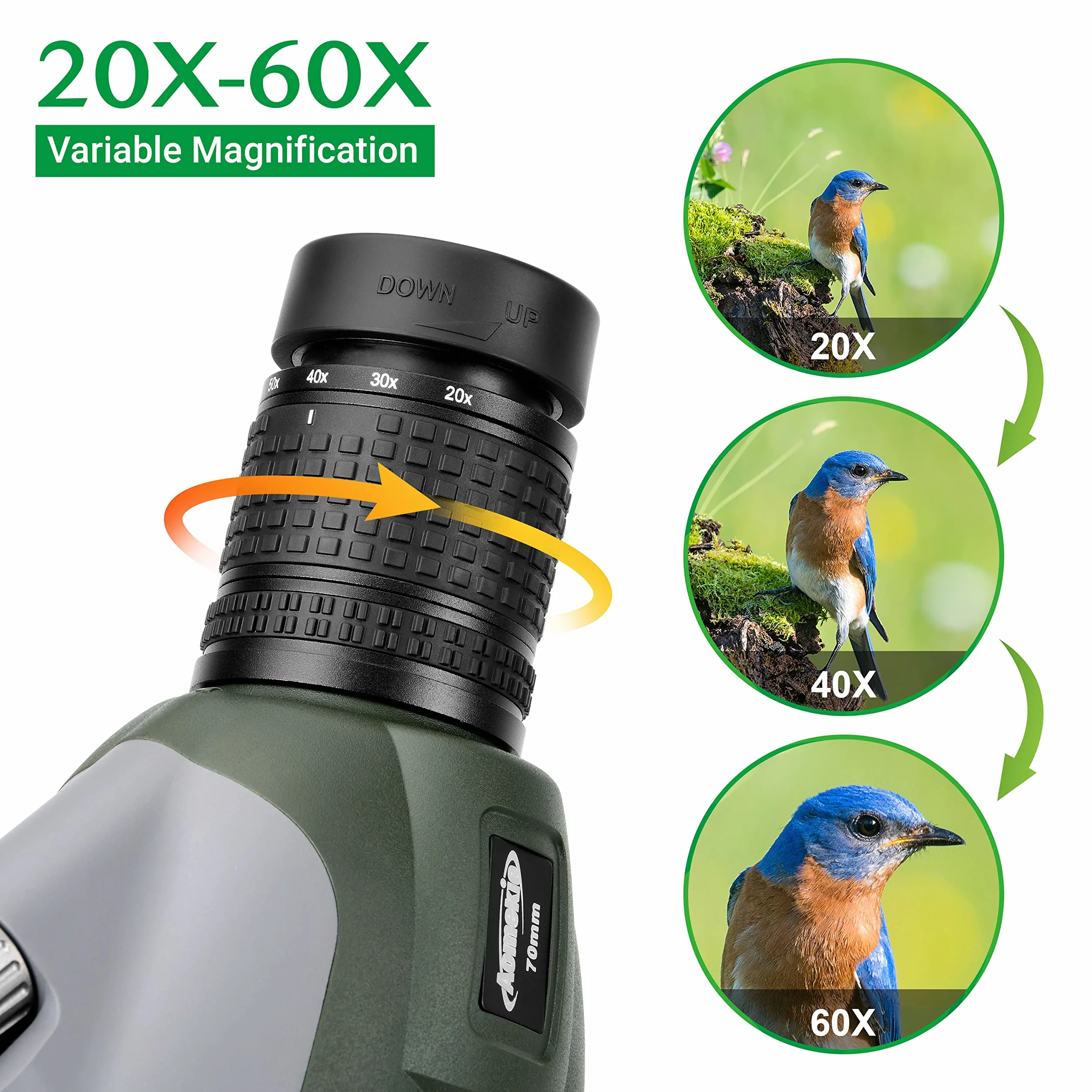 Aomekie 20-60x70MM Spektiv Sportschützen Jagd mit Verstellbarem Stativ Spotter Scope Wasserdicht Telefonadapter und Tragetasche BAK4 Porro Prism Fernrohr Teleskop Monokular Fernglas