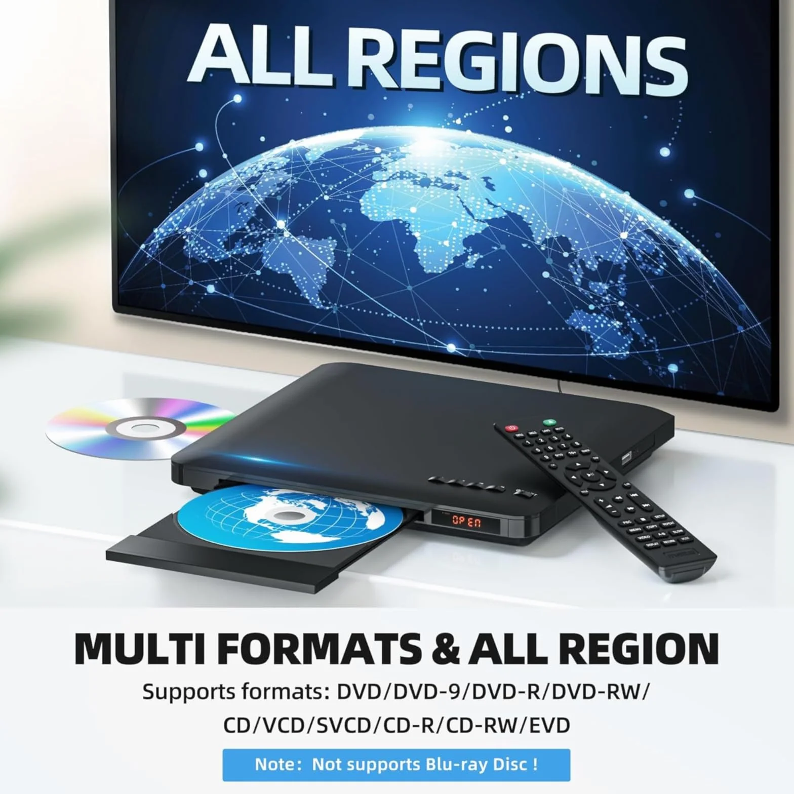 DVD-Player für Fernseher mit HDMI- und RCA-Ausgang, 1080P Full HD | Alle Regionen DVD/CD Abspielen, USB, Speicher-Wiedergabe, CD-Kopie, PAL/NTSC System