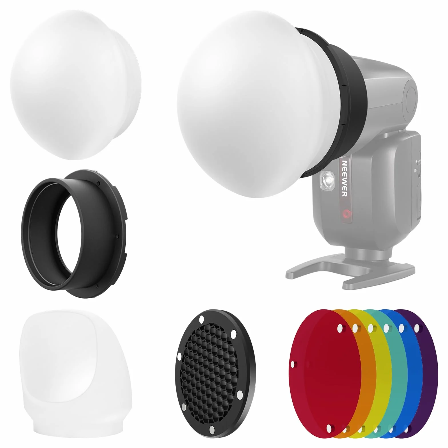 NEEWER Flash Zubehör Set mit Silikon Diffusor, Gitter, Reflektor, 6X Farbgel und 1x magnetischem Adapterring, kompatibel mit Godox V1/V1 PRO NEEWER Z1 Z2 Round Head Kamera Blitz Flashlight, CRS5