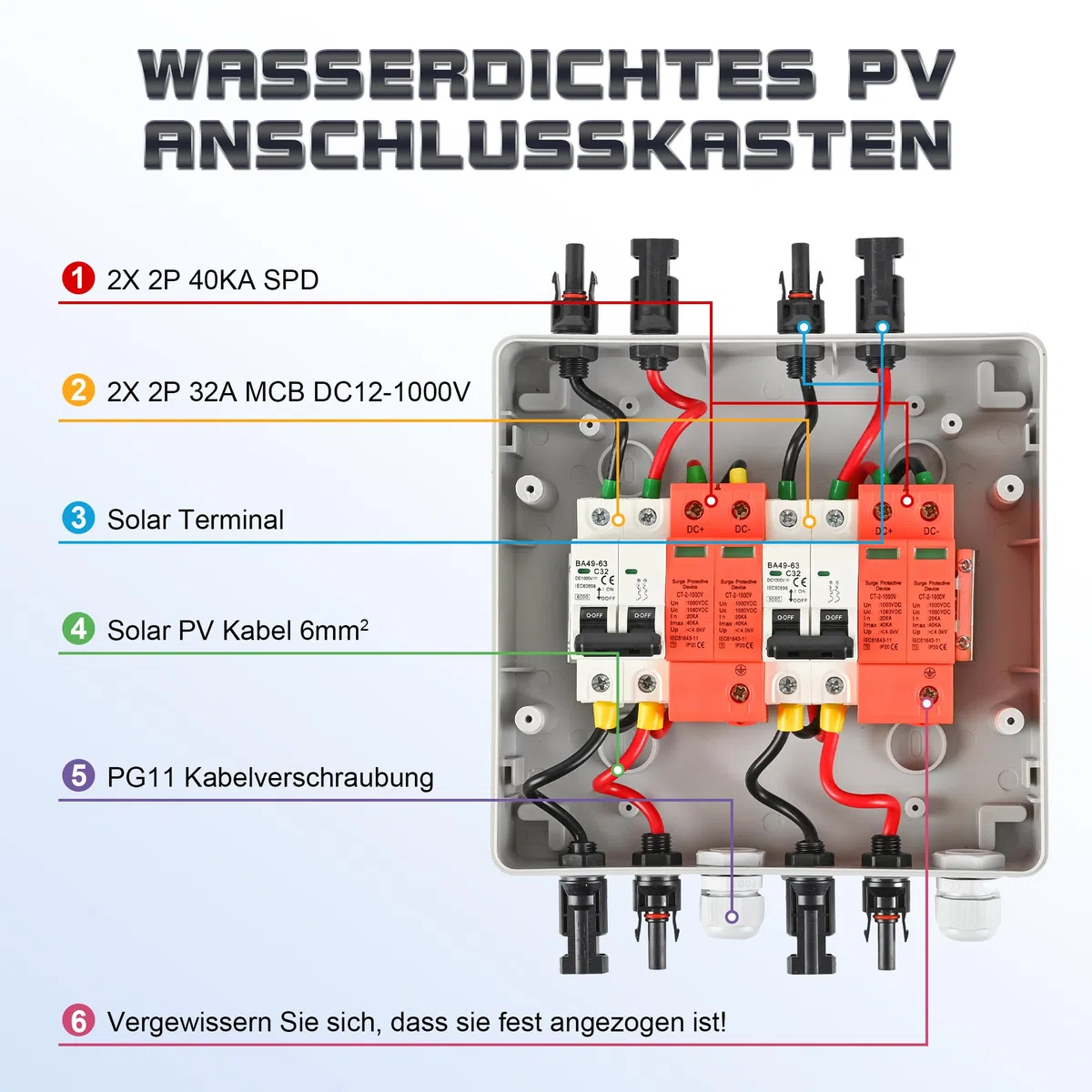 Warmfay Überspannungsschutz PV DC1000V Blitzschutz Leitungsschutzschalter 32A DC Trennschalter PV Anlage 2 String, IP65 Wasserdicht & UV-Beständig Solar Anschlusskasten 2 in 2 out