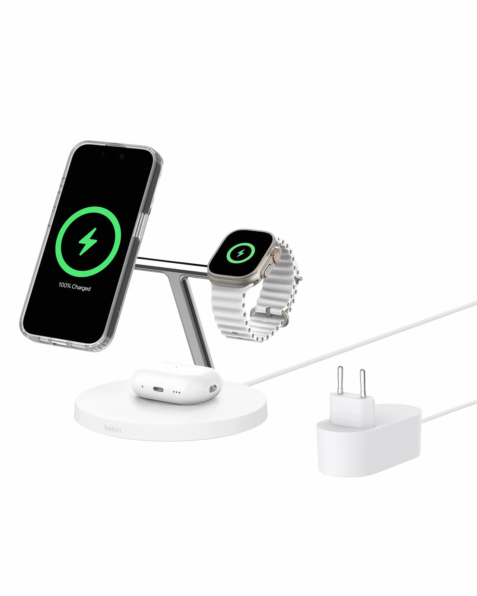 Belkin BoostCharge Pro 3-in-1 Qi2 Kabelloses Ladegerät, MagSafe-Kompatibles Ladegerät, Induktive Ladestation für die Apple iPhone 17, Air, 16, Pixelsnap, Apple Watch, AirPods, inkl. Netzteil – Weiß
