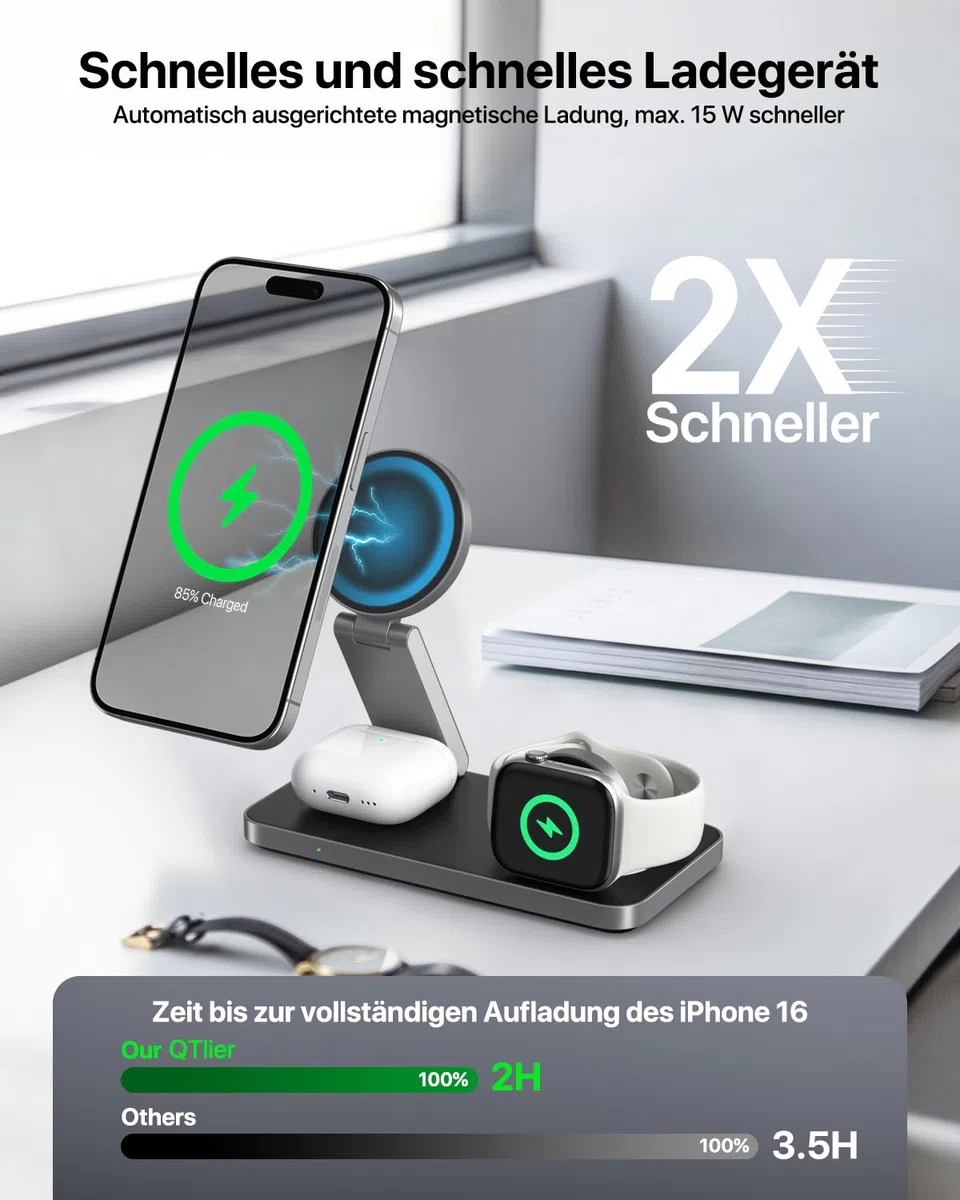 Induktive Ladestation Kompatibel mit Magsafe Ladegerät,QTlier 3 in 1 iPhone Ladestation für Air 17/16/15/14/13/12 Serie,20W Wireless Charger für Apple Watch 10/9/8/7/6/5/4/3 und AirPods (Tief Schwarz)