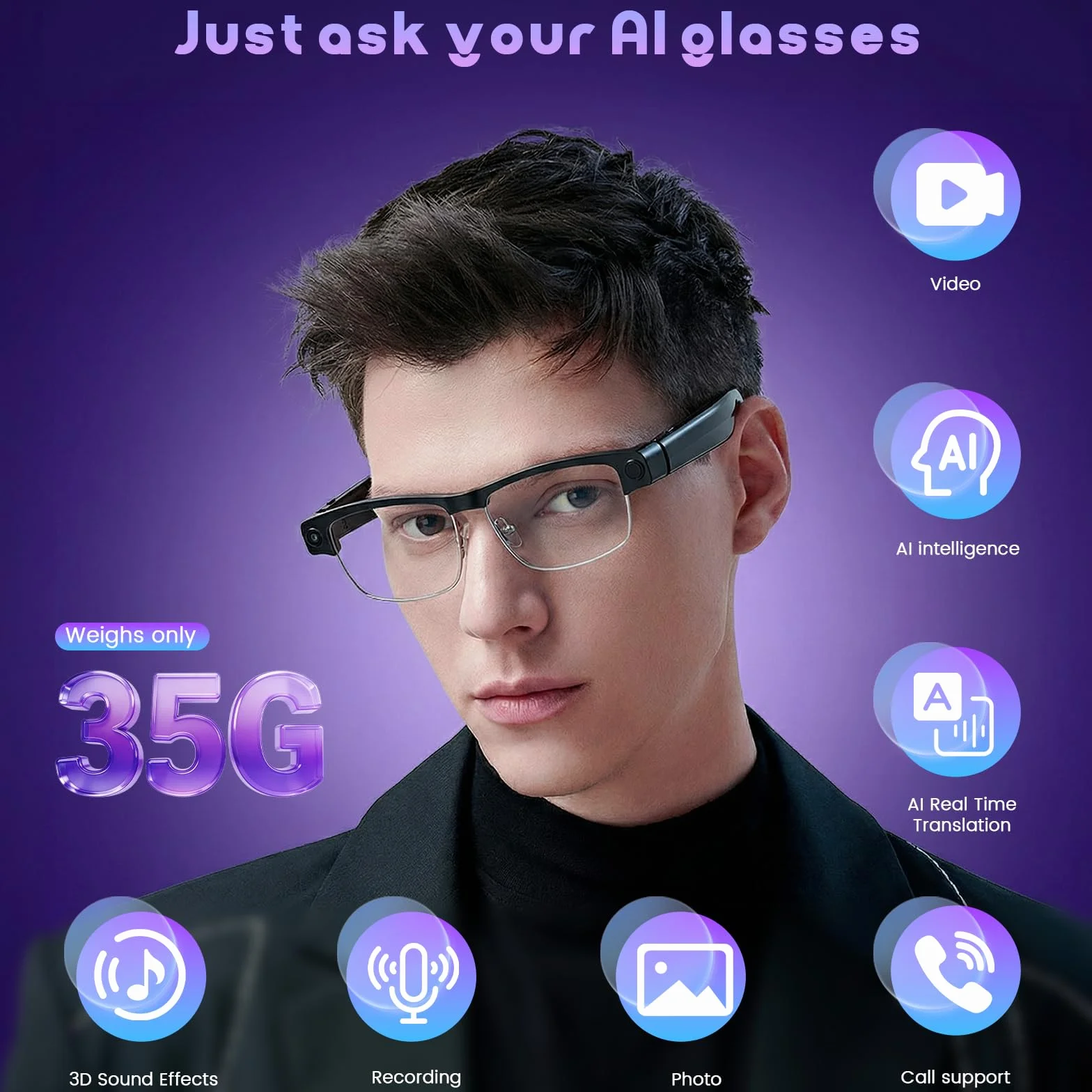 AI Smart Glasses, Brille Kamera mit 8MP HD-Kamera & 1200P Video, mit Videoaufzeichnung, Musikwiedergabe,Dual-Mikrofon, Simultanübersetzung/GPT-Objektidentifizierung für Reisen, Meetings
