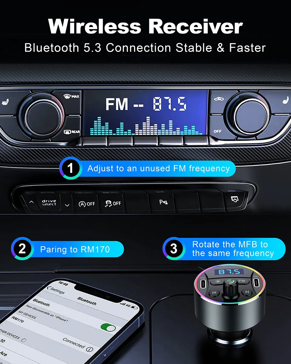 Bluetooth 5.3 FM-Transmitter, Dual PD 40W Typ-C USB kfz Schnelles Ladegerät, Kabellos Bluetooth Auto Adapter mit Mikrofon und HiFi-Sound MP3 Musikplayer, Radio Audio Receiver Support Freisprechanrufe