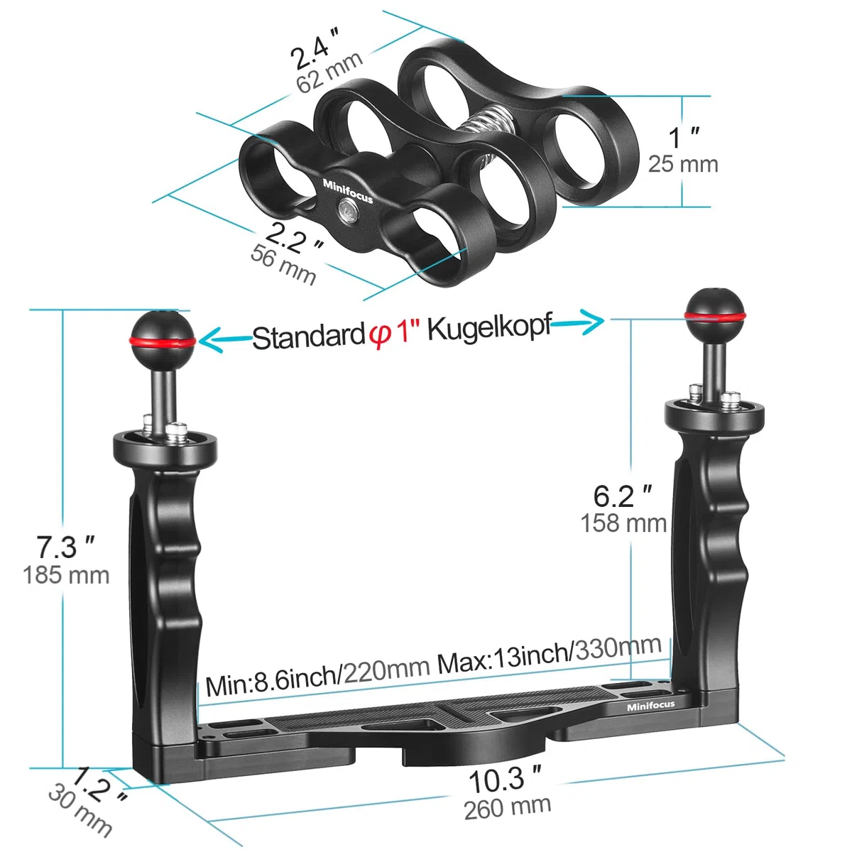 Unterwasser-Kamera Handle Tray Bracket, Dual Handle ausziehbare Aluminiumlegierung Video-Stabilisator-Halter mit 2 1-Zoll-Kugelklemme Mount für Unterwasser-Kamera tauchen Gehäuse