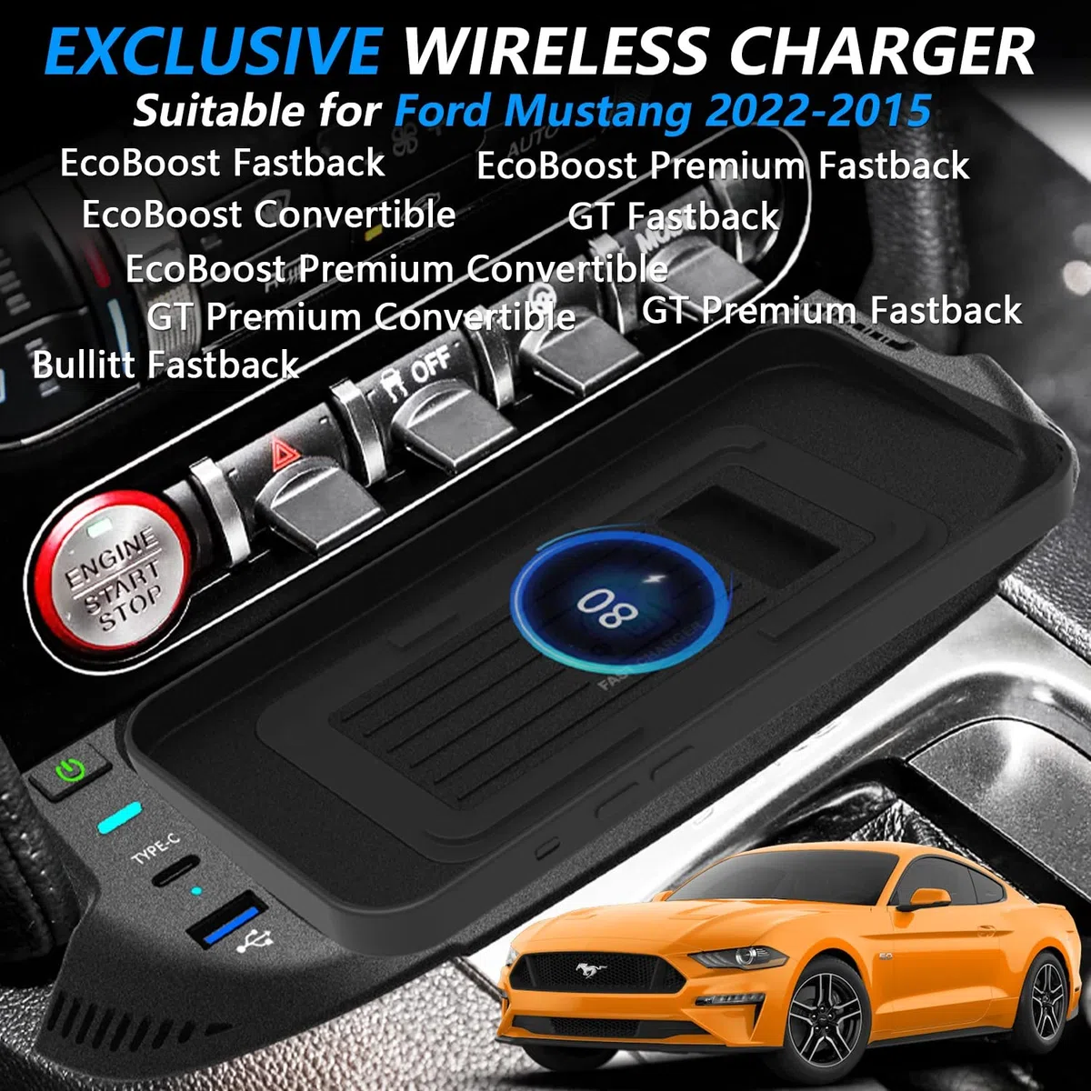 Kabelloses Ladegerät Auto für Ford Mustang 2022 2021 2020 2019 2018 2017 2016 2015, 15W Qi Schnellladendes Handy-Ladegerät mit QC3.0-USB-Anschluss für iPhone 12/13/13 Pro Samsung S22/S21