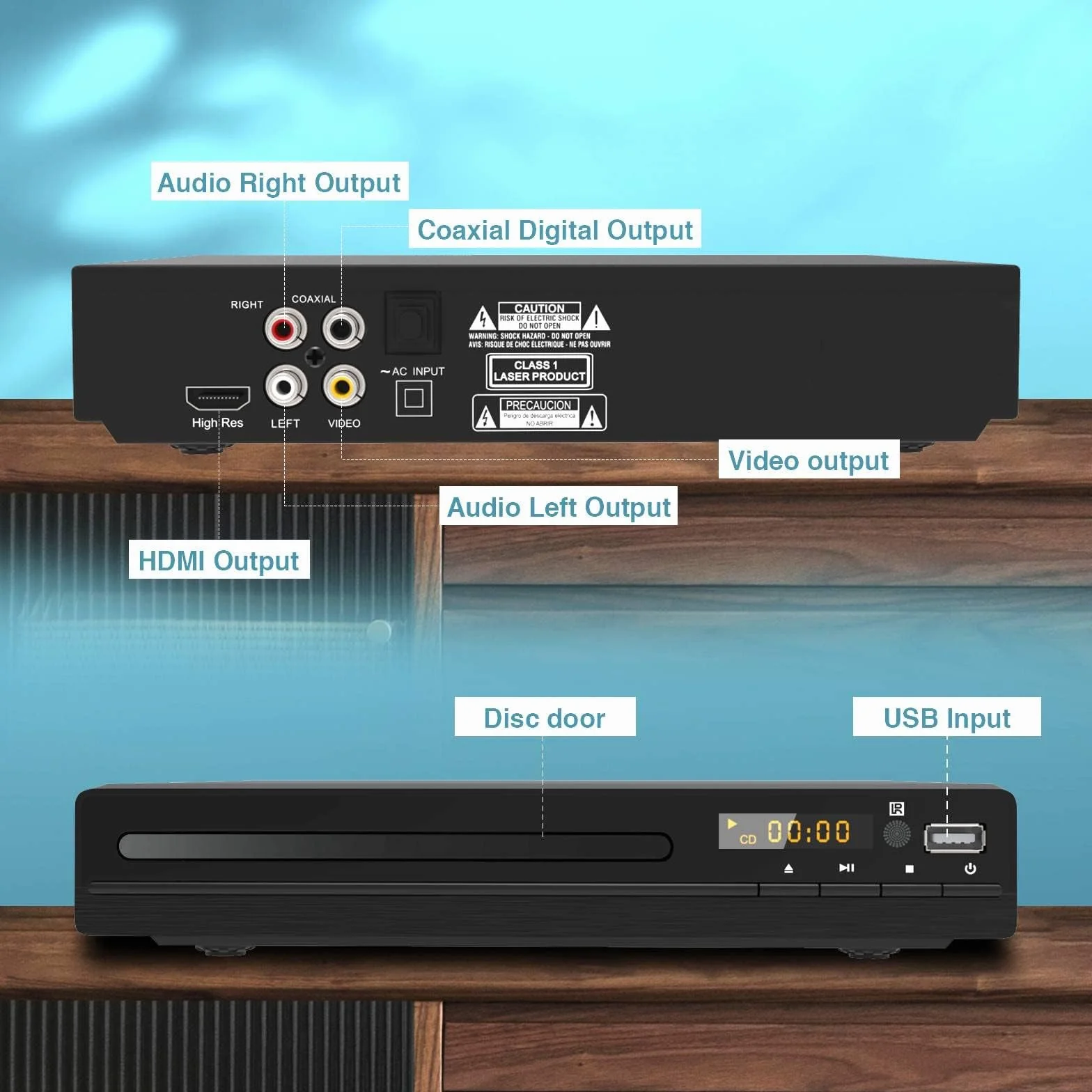 DVD CD Player für Fernseher, Up-Convert to HD 1080p, All Region, Breakpoint Memory, Eingebautes PAL/NTSC, USB 2.0