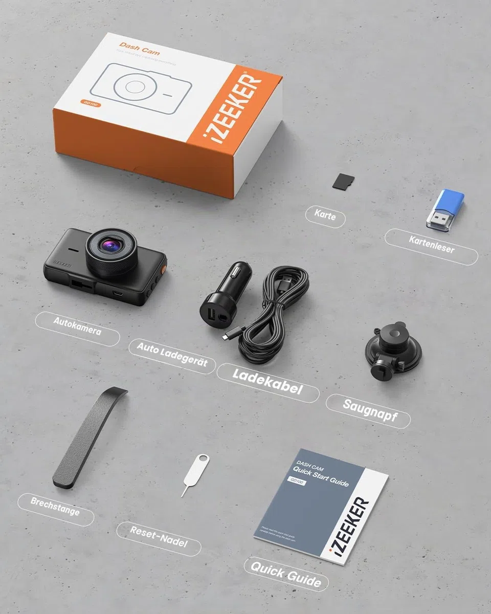 iZEEKER 2.5K Dashcam, 1440P QHD Auto Kamera mit 3" IPS Display, Nachtsicht, WDR, 170° Weitwinkel, Loop-Aufnahme, G-Sensor Notfallaufnahme, 24H Parkmodus, Typ-C