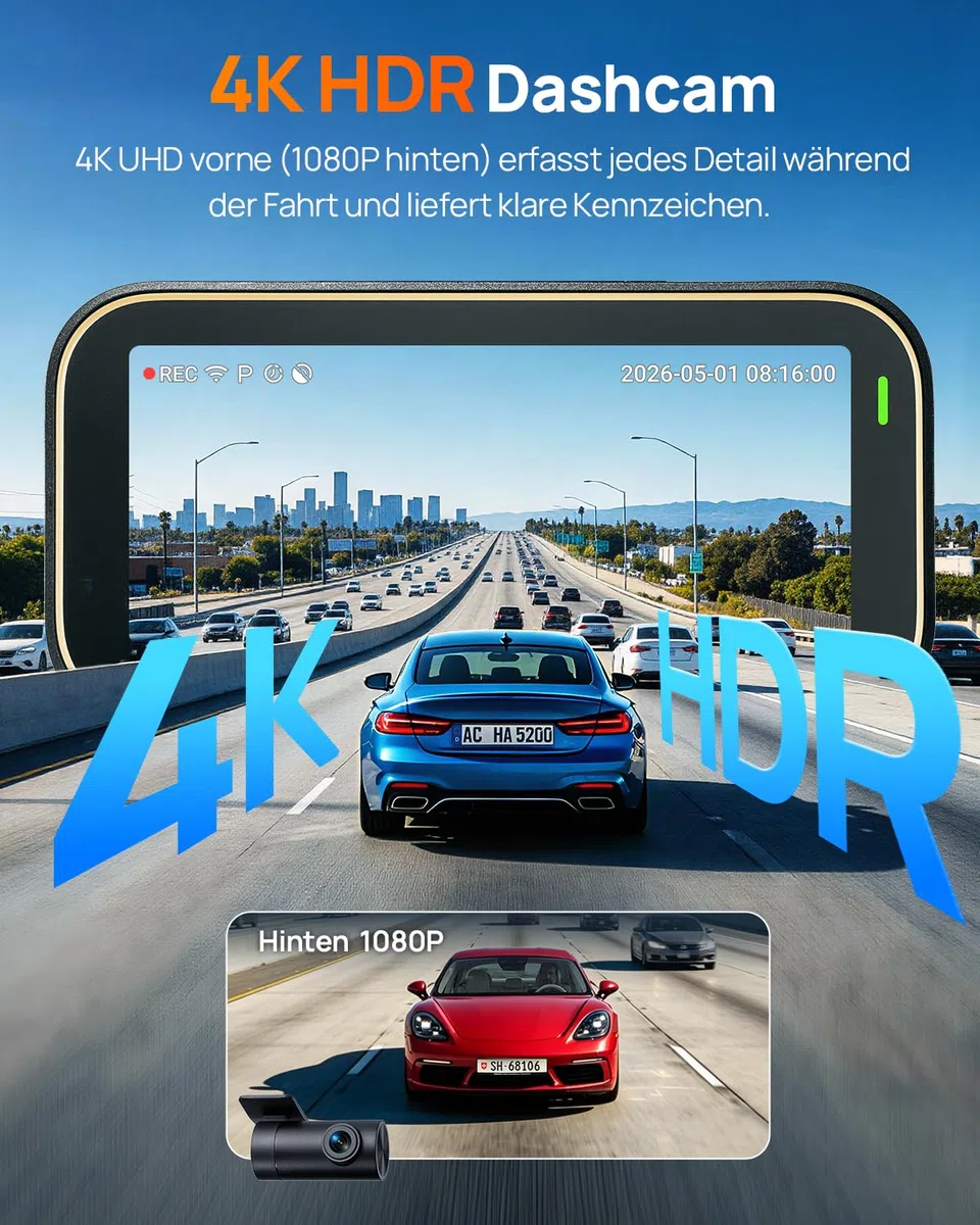 70mai A810 Lite Dashcam 4K 2160P+1080P 64GB Karte 24H Parküberwachung 4G LTE Fernzugriff G-Sensor Nachtsicht HDR F1.55 5GHz WiFi