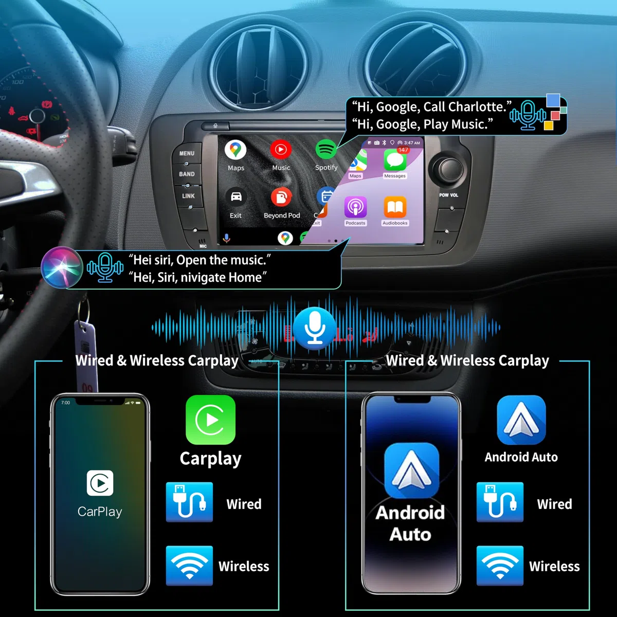 Autoradio geeignet für Volkswagen Seat Ibiza 6J 2009-2014 und Unterstützt kabelloses CarPlay und Android Auto. Verfügt über einen 7-Zoll-Touchscreen mit Radio/Bluetooth/FM/USB/DSP/RDS