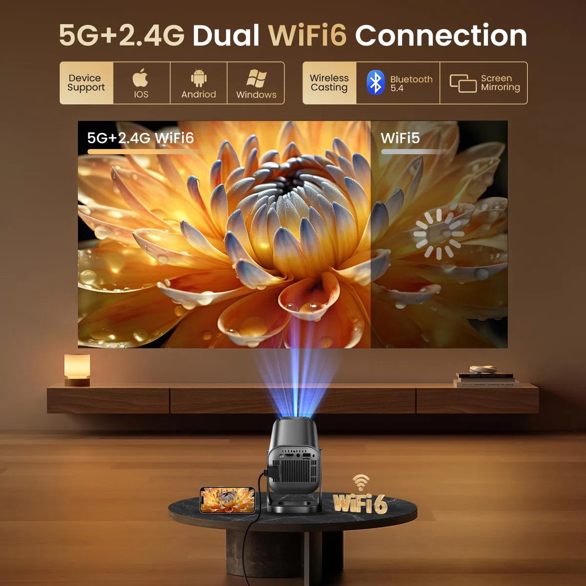 Mini Beamer 4K 1080P Projektor Tragbarer 22000L Android 12.0 WiFi 6 Bluetooth 5.4 Auto Keystone 270° Dreh HDMI USB