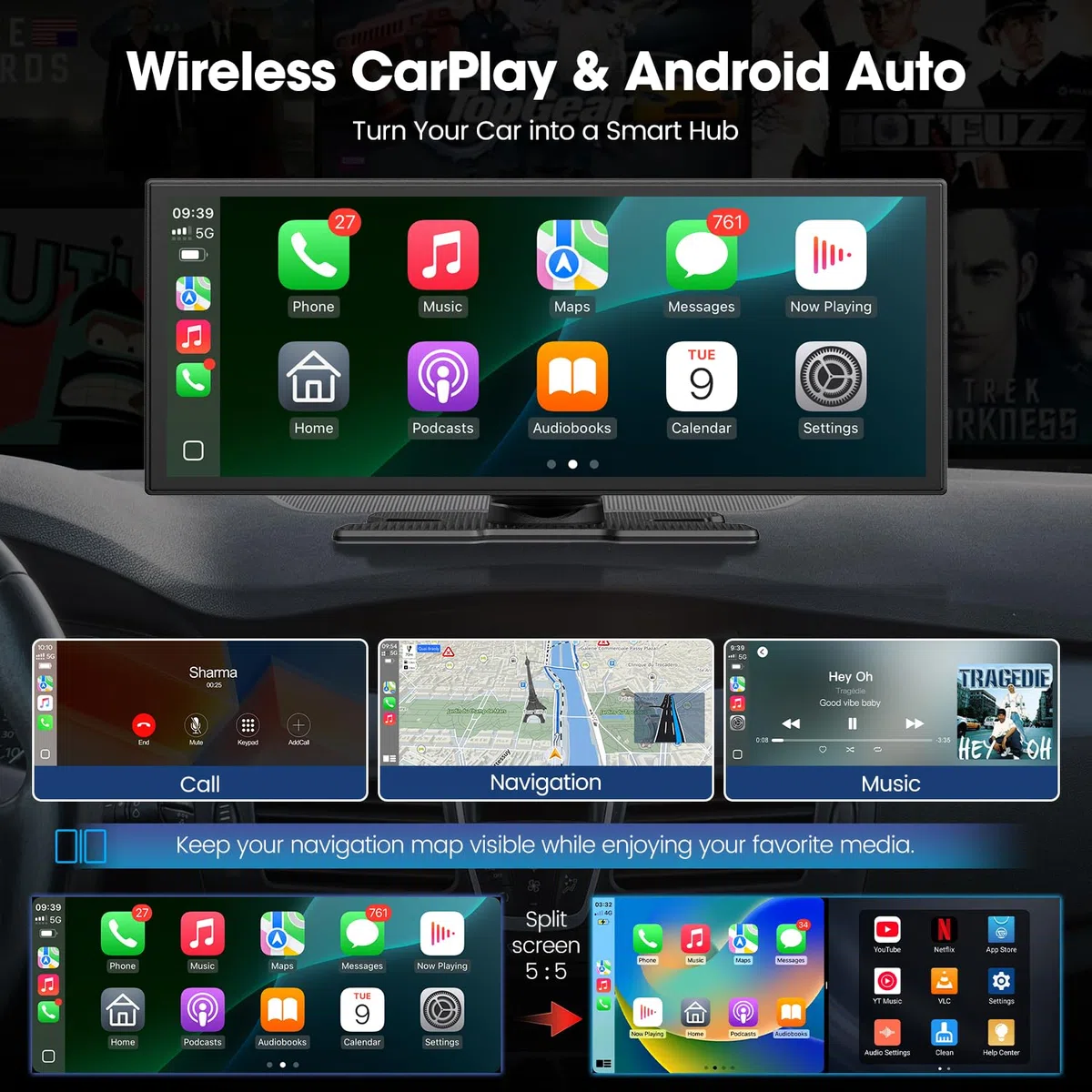 LAMTTO CarPlay Display 10,25" Android Auto Bildschirm mit Net-Flix YouTube | Wireless Apple CarPlay & Android Auto mit Rückfahrkamera, Dual-Bluetooth Navigation OTA-Updates Mirror Link Sprachassistent