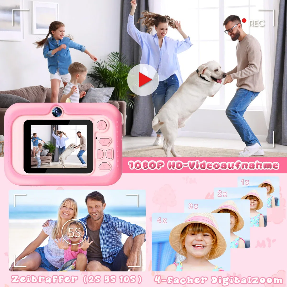 MILFECH 1080P HD 2,0-Zoll-Bildschirm Digitalkamera Kinder mit Selfie Video Kamera 32GB-Karte für 3-12 Jahre Jungen Mädchen Spielzeug Dinosaurier Fotoapparat Rosa