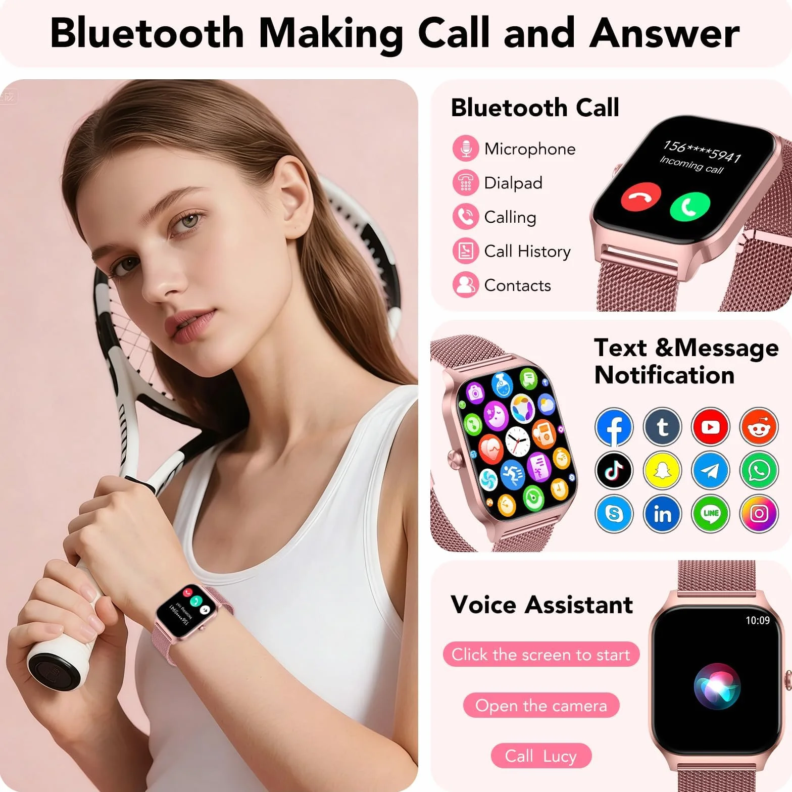 CASCHO Smartwatch Damen 1.85'' Telefonfunktion 120+ Sportmodi Fitnessuhr Herzfrequenz SpO2 Schrittzähler Schlafmonitor IP68 Wasserdicht Fitness Tracker iOS Android Roségold