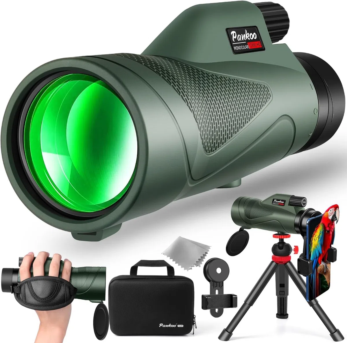 Pankoo Monokular für Erwachsene, 12 x 60, Hochleistung, Monokular-Teleskop für Wildtiere, Vogelbeobachtung, Jagd, Camping, Reisen, Sekenery mit Smartphone-Halterung und Stativ