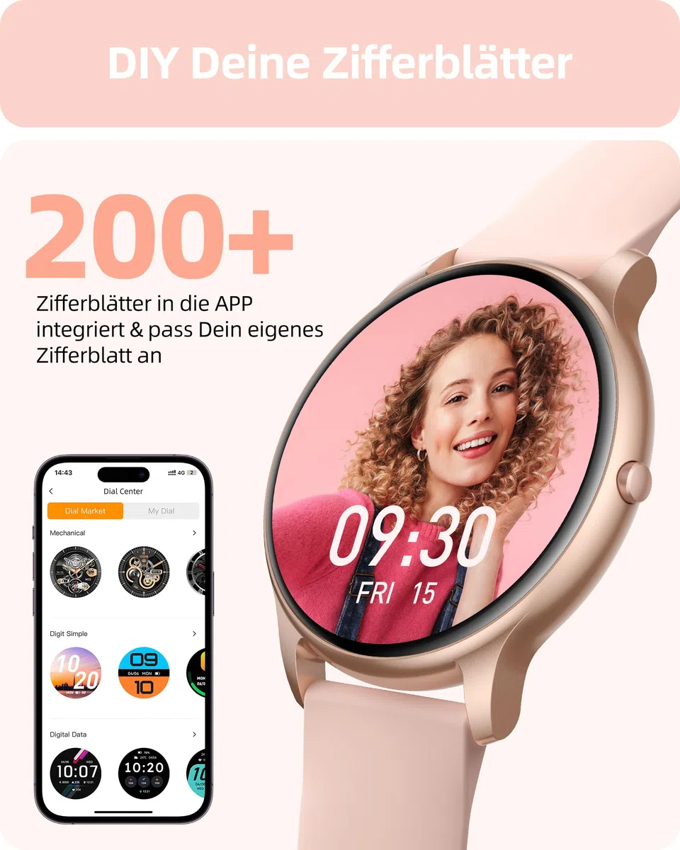Parsonver Smartwatch Damen Rund mit Telefonfunktion, Fitnessuhr Frauen Schrittzähler, 100+ Sportmodi, IP68 Wasserdicht, Herzfrequenz Schlafmonitor SpO2, Roségold
