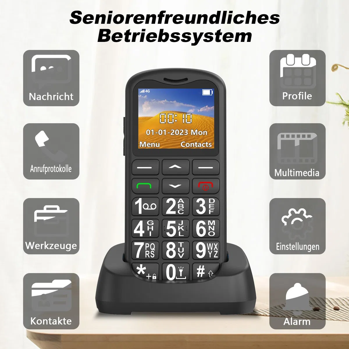4G Seniorenhandy mit Großen Tasten | Mobiltelefon Ohne Vertrag mit Nano-SIM-Schlitz | 1.7 Zoll LCD | SOS-Funktion | Kurzwahl | Tastenhandy mit Taschenlampe | Ladestation | Schwarz