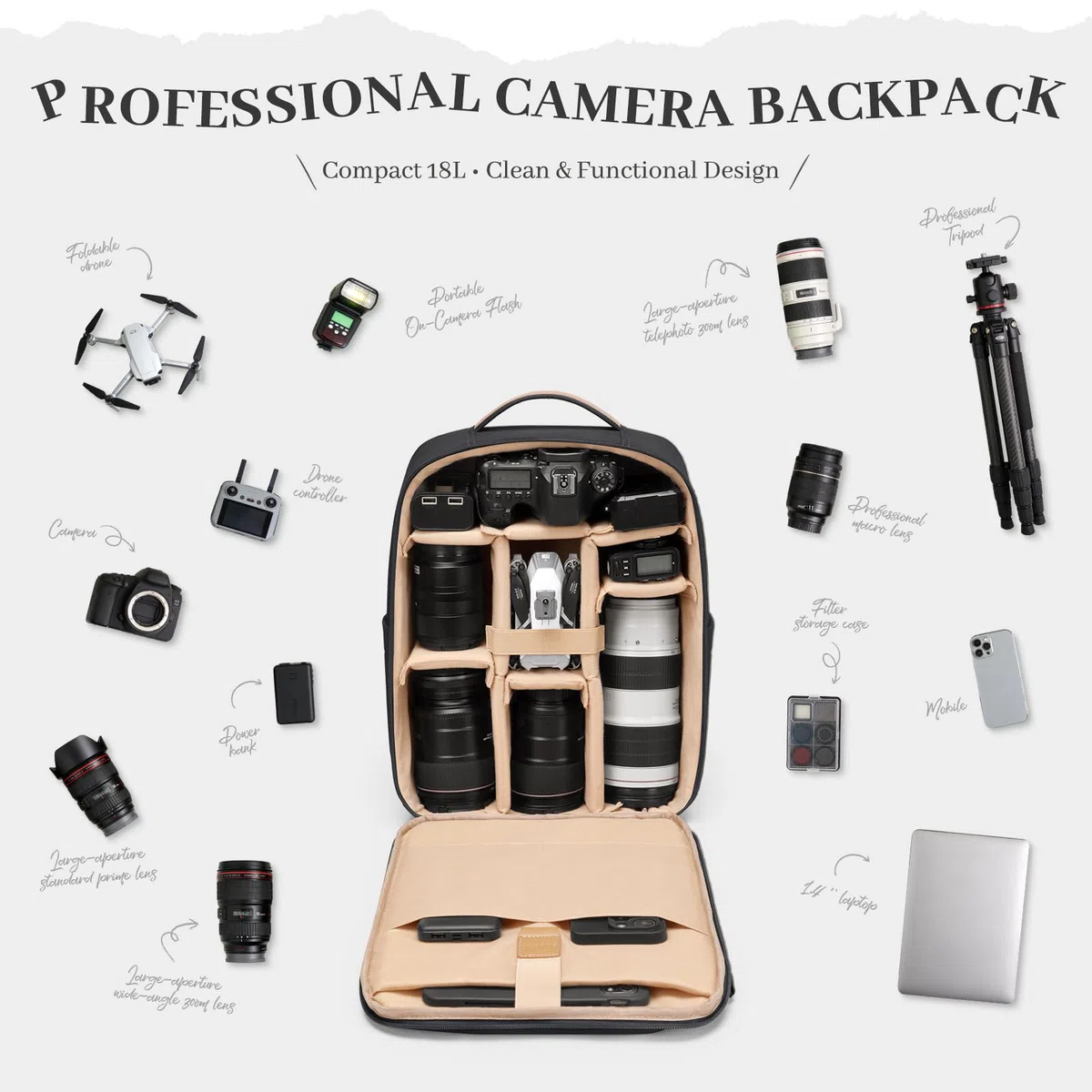 GOLF SUPAGS Kamerarucksack, DSLR SLR Kameratasche mit 14 Zoll Laptopfach und Regenschutz, Kompatibel für Kamera und Objektivstativ Zubehör, Fotorucksack für Outdoor-Aufnahmen und Reisen (Schwarz)