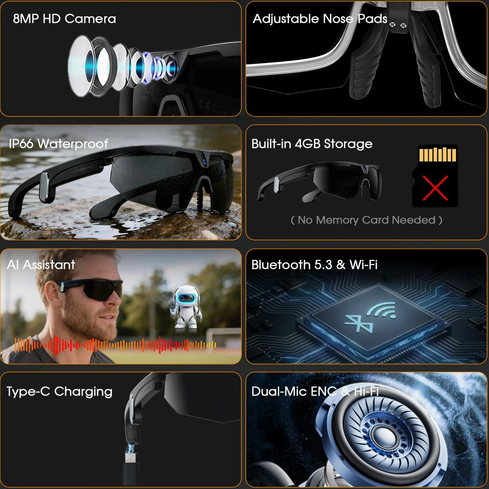 2026 Smart Glasses mit Kamera, 8MP Kamera Brille mit Offene Lautsprecher, Blendschutzgläser, Unterstützt Foto & Video, KI Sportbrille für Outdoor-Sportarten wie Radfahren, Reisen, Wandern(Schwarz)
