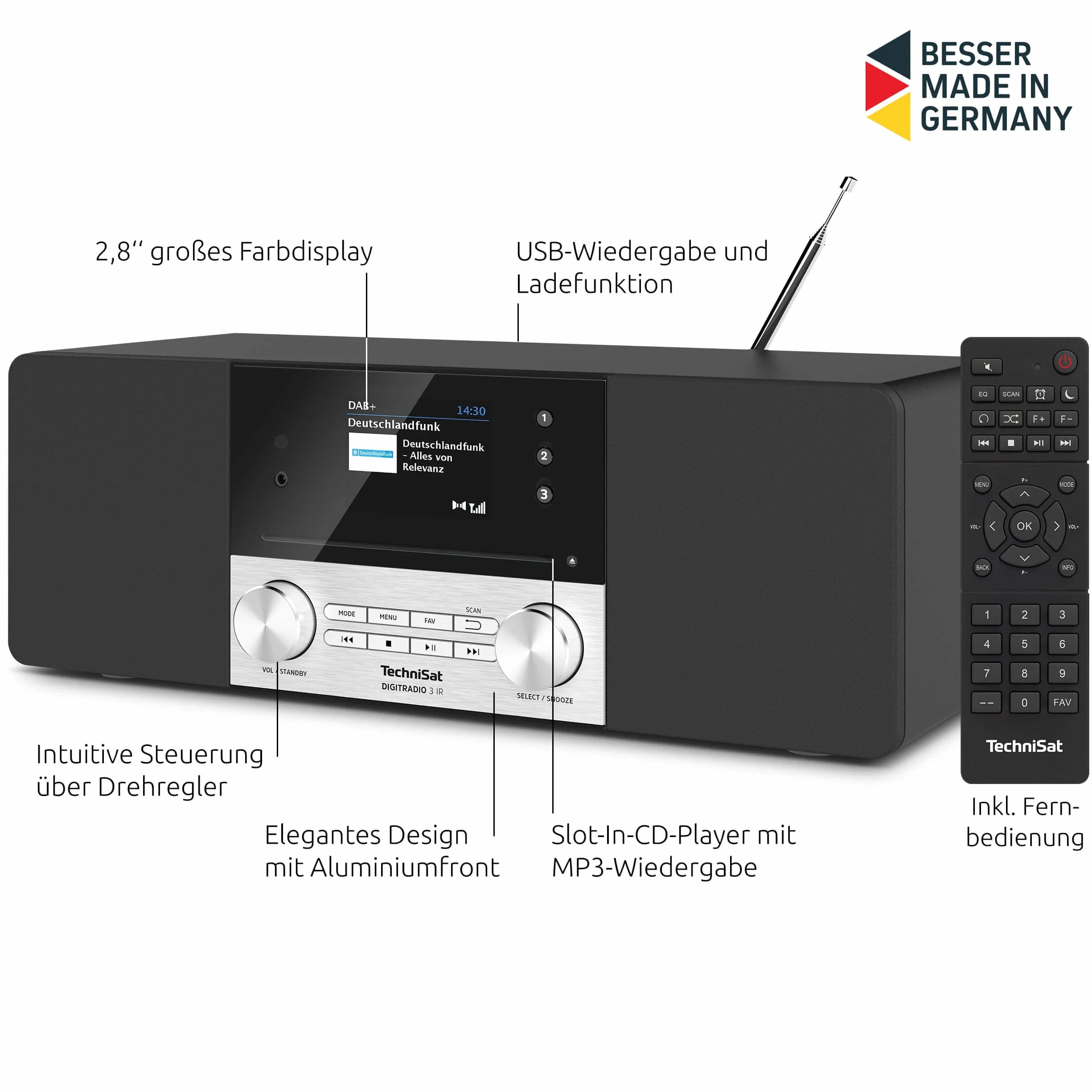 TechniSat DIGITRADIO 3 IR - Stereo DAB Radio Kompaktanlage (DAB+, UKW, CD-Player, Bluetooth, Internetradio, USB, Kopfhöreranschluss, AUX-Eingang, Radiowecker, 20 Watt RMS) schwarz