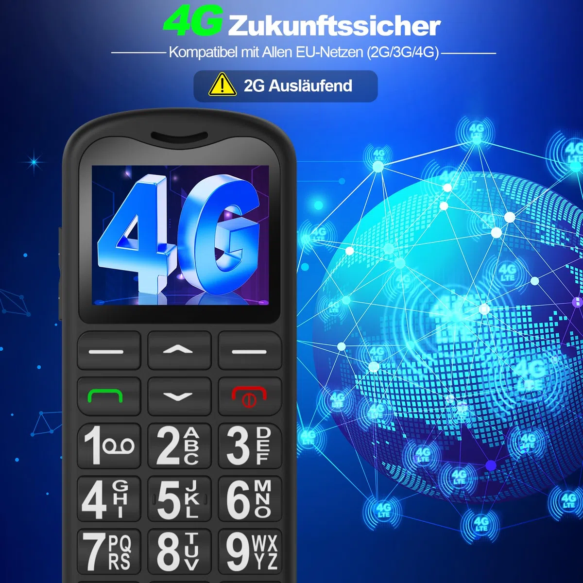 4G Seniorenhandy mit Großen Tasten | Mobiltelefon Ohne Vertrag mit Nano-SIM-Schlitz | 1.7 Zoll LCD | SOS-Funktion | Kurzwahl | Tastenhandy mit Taschenlampe | Ladestation | Schwarz