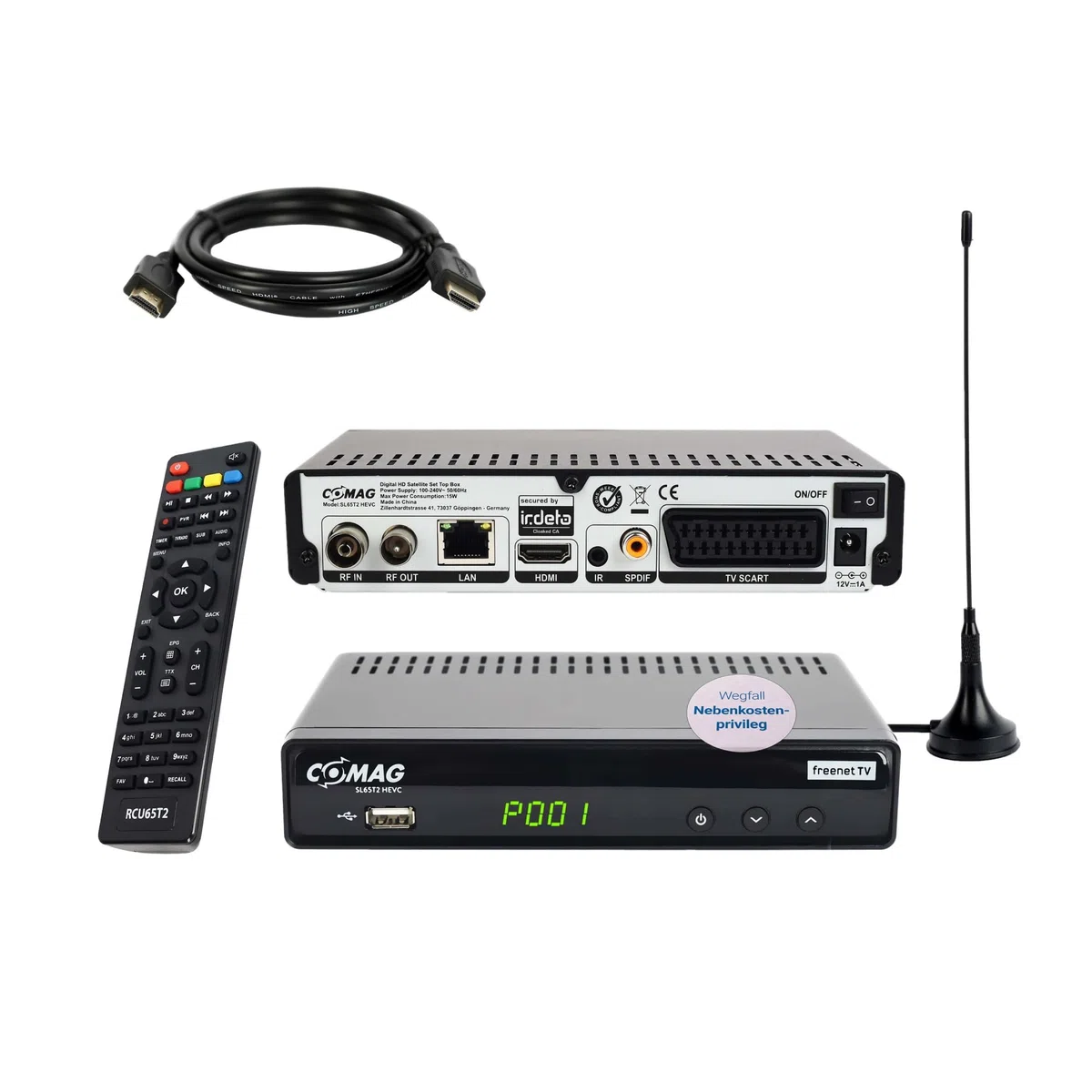Sky Vision COMAG SL65T2 DVB-T2 Receiver, Freenet TV (Private Sender in HD), PVR Ready, Full-HD 1080p, HDMI, SCART, Mediaplayer, USB 2.0, 12V tauglich, 2m HDMI Kabel und DVB-T2 Antenne