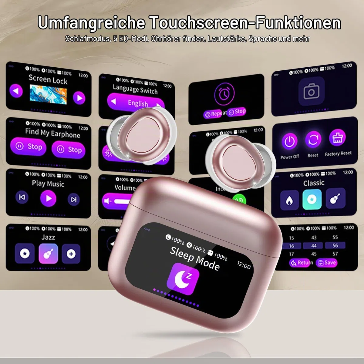 ZYHKON Bluetooth Kopfhörer, Bluetooth 5.4 Schlafkopfhörer In Ear mit Touchscreen, 48H Spielzeit Mini Kopfhörer mit HiFi Sound/5 EQ-Modi/ENC Noise Cancelling, Wireless Ohrhörer für Seitenschläfer Rosa | Mini Flaches Design, HiFi Sound, 5 EQ-Modi, ENC Noise