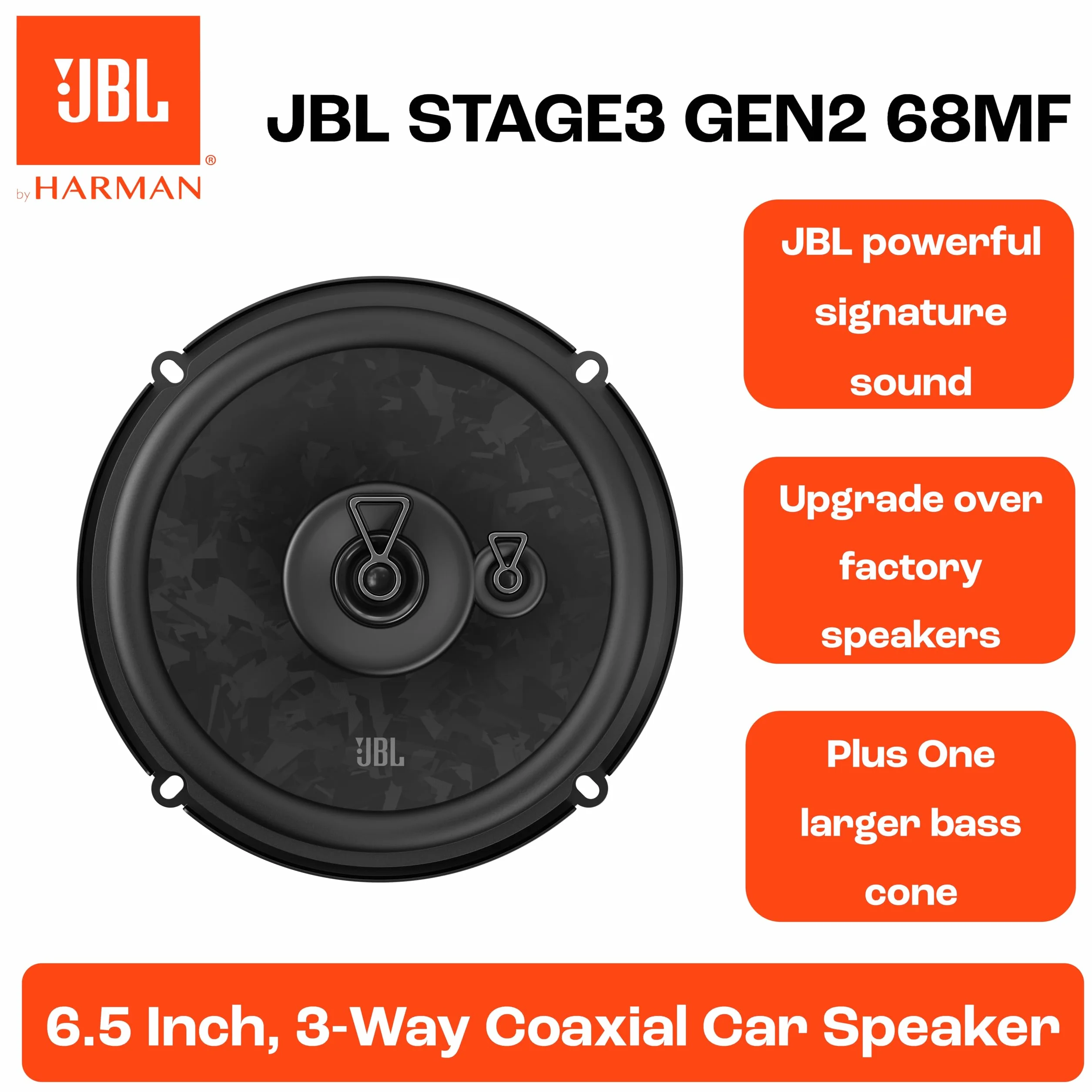 JBL Stage3 Gen2 68MF 165mm 6,5 Zoll 3-Wege Koaxial Lautsprecher Auto Boxen | 70W RMS / 560W Peak, 91dB, 4 Ohm Impedanz, 55Hz-20kHz Frequenzgang, PEI Hochtöner, ohne Gitter, laser-geätztes Cone-Design