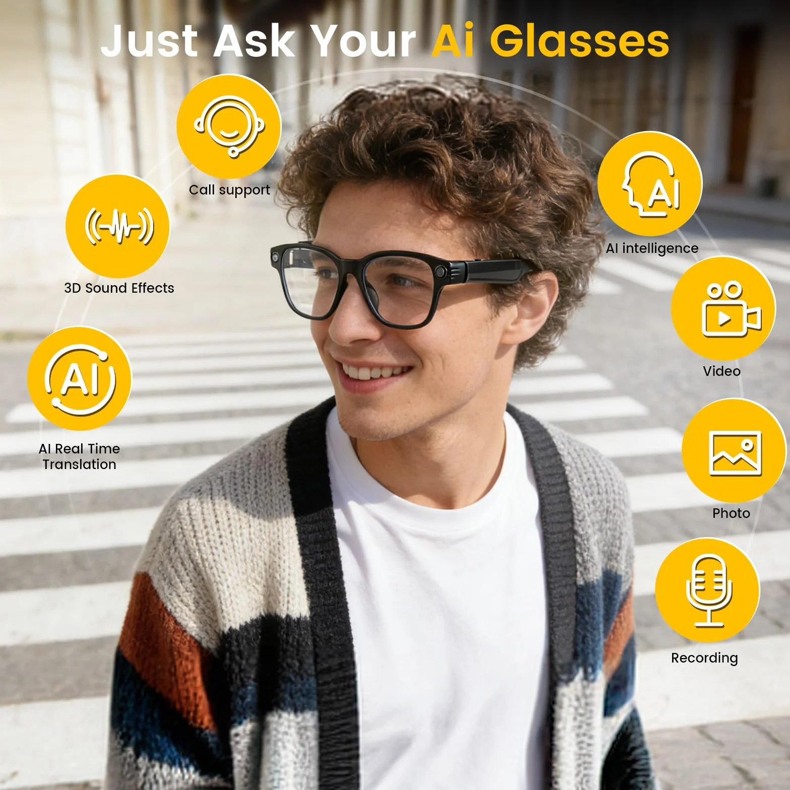 AI Smart Glasses Brille, 800W-Kamera mit Bildstabilisierung, Unterstützt Foto-Video-Audioaufnahmen, Echtzeitübersetzung, Sprachassistent, Objekterkennung für Reisen, Arbeit