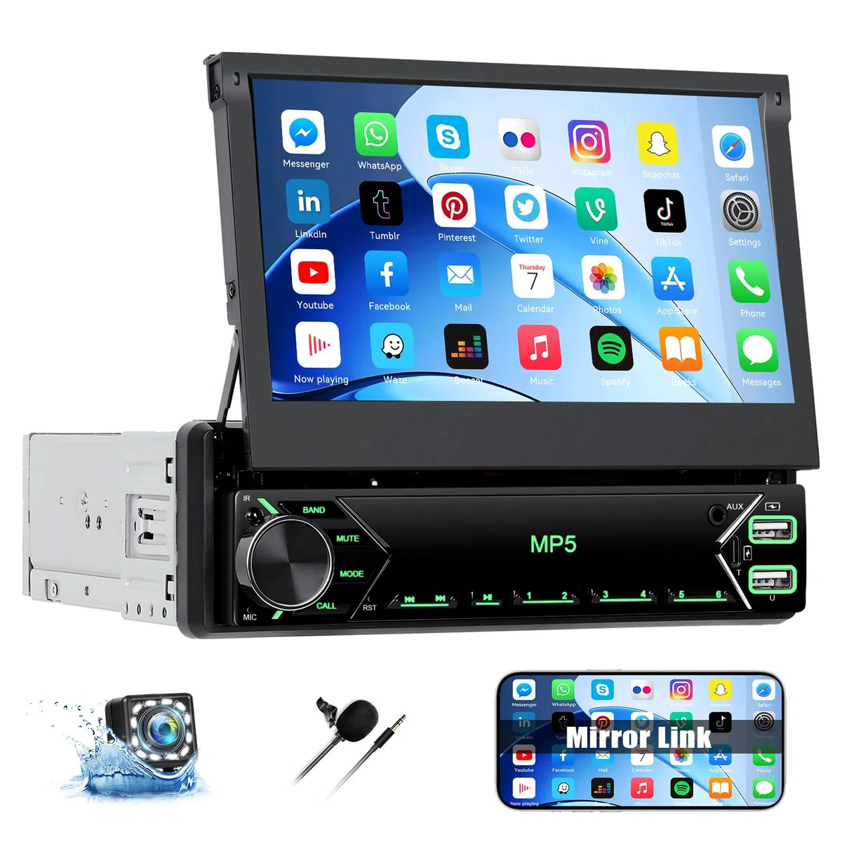 CAMECHO Autoradio 1 Din mit Bluetooth Radio Manuelle Ausfahrbarem Display mit Mirror Link FM/AM RDS Lenkradsteuerung USB/AUX +Rückfahrkamera