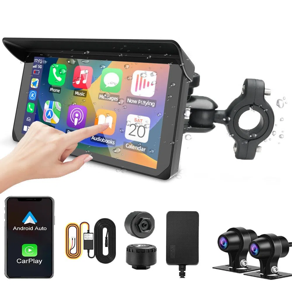 VSYSTO Motorrad Carplay Bildschirm, Kabelloses Carplay und Android Auto mit Dashcam Vorne Hinten 1080P für Moto, 5 Zoll Wasserdichter Touchscreen mit GPS Navigation, BT Audio, Siri Assistant, TPMS