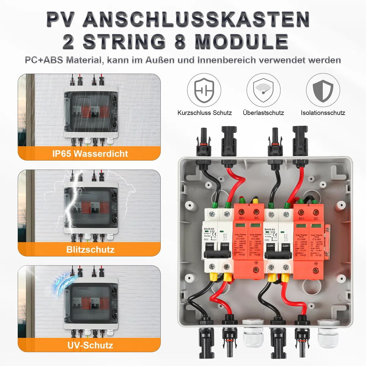 Warmfay Überspannungsschutz PV DC1000V Blitzschutz Leitungsschutzschalter 32A DC Trennschalter PV Anlage 2 String, IP65 Wasserdicht & UV-Beständig Solar Anschlusskasten 2 in 2 out