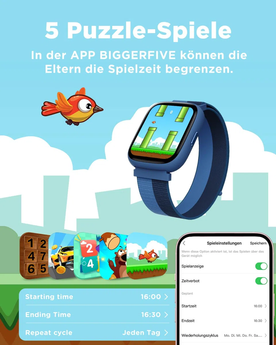 BIGGERFIVE Smartwatch Kinder 1,8" Fitness Uhr Schrittzähler 24/7 Puls IP68 Wasserdicht Schlafmonitor Wecker 5 Puzzlespiele Fitness Tracker Mädchen Jungen Teens 5-16 Nylon