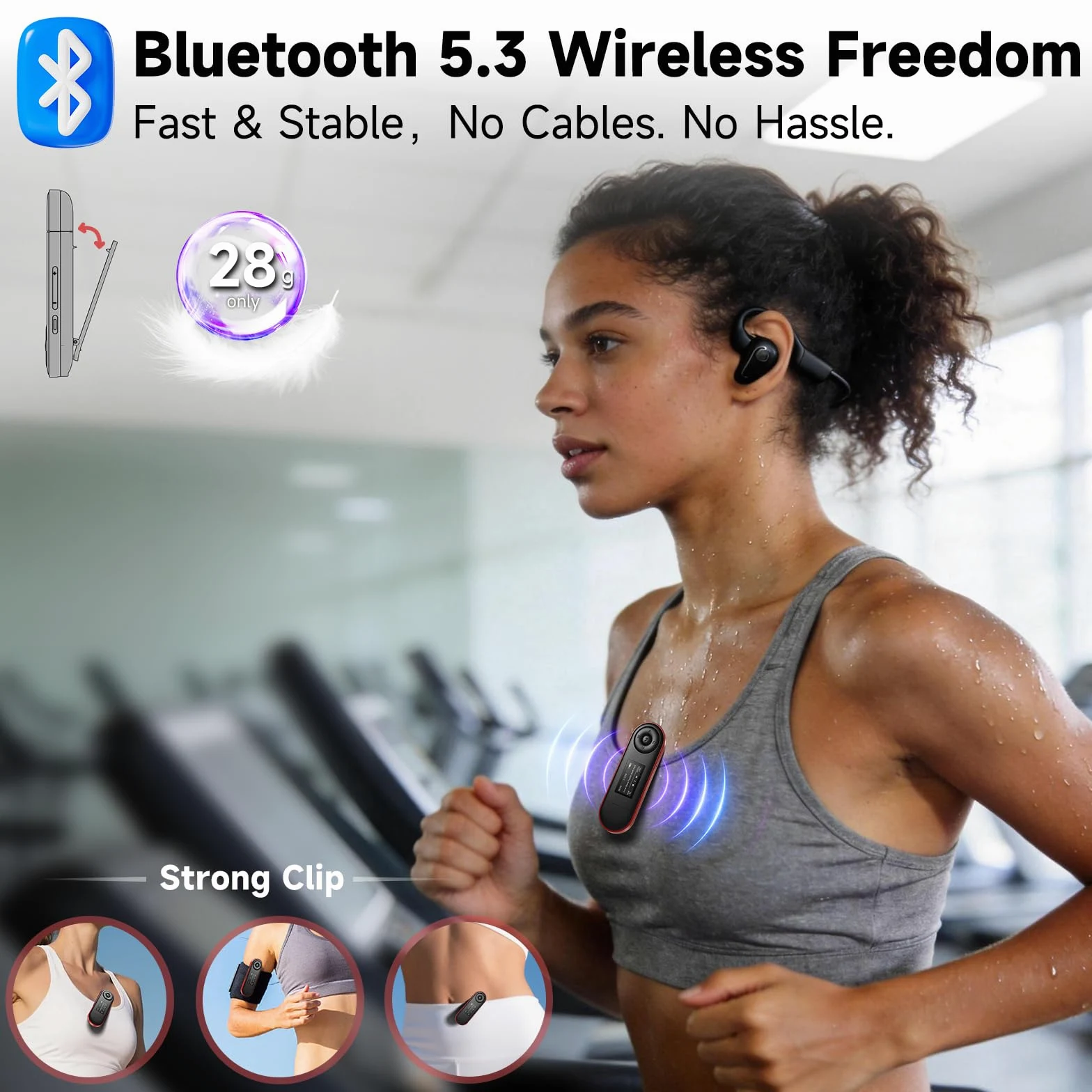 64GB MP3 Player mit Bluetooth 5.3, USB Plug & Play, Nur 28g, Physische Tasten für Blindbedienung, Clip für Sport & Laufen, Ordnerwiedergabe, FM Radio, Sprachaufnahme