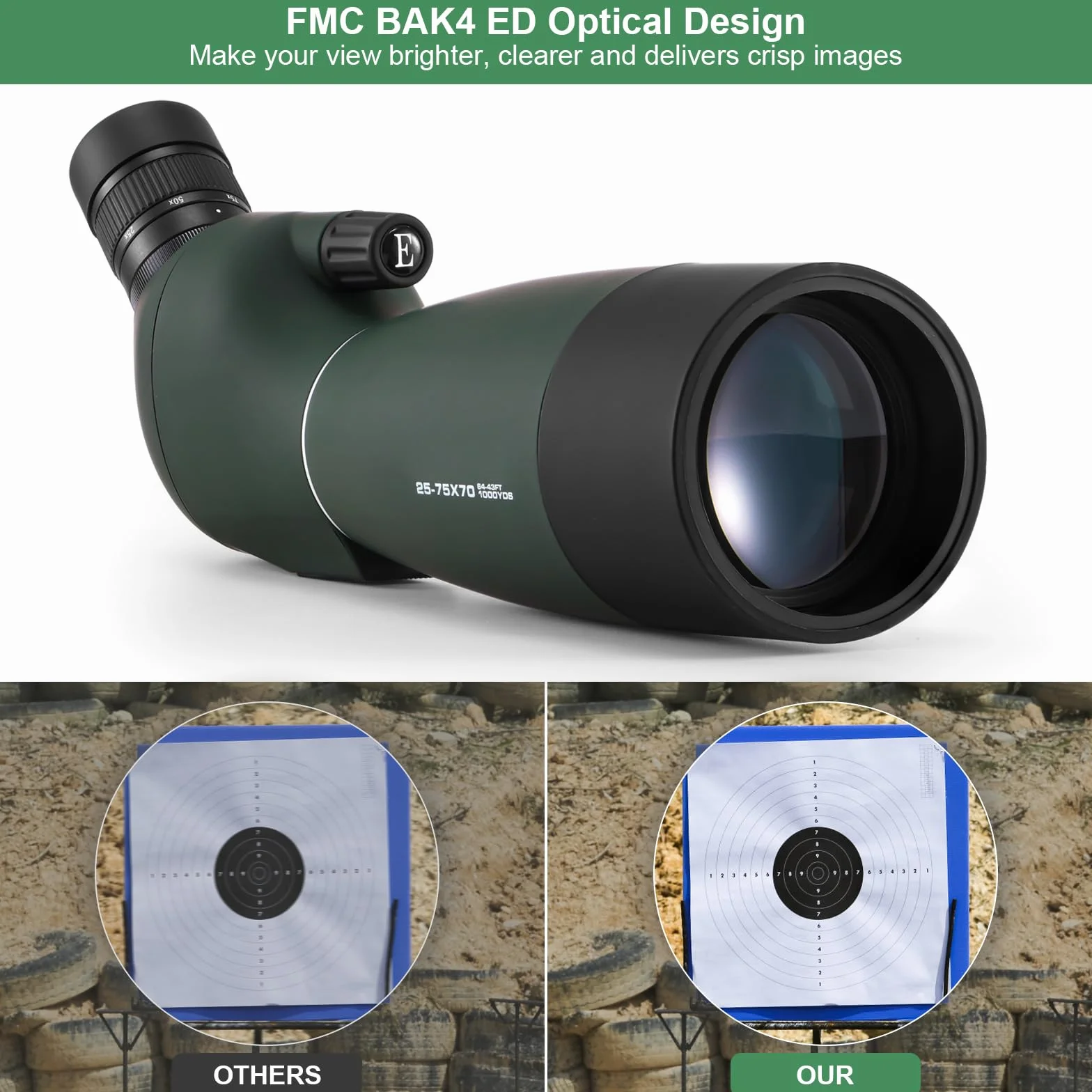 Spektiv mit Stativ 25-75x70,Spektiv Sportschützen HD IP67 Wasserdichtes BAK4 Porro Prism FMC Monokular Teleskop mit Smartphone Adapter für Bogenschießen, Vogelbeobachtung, Mond