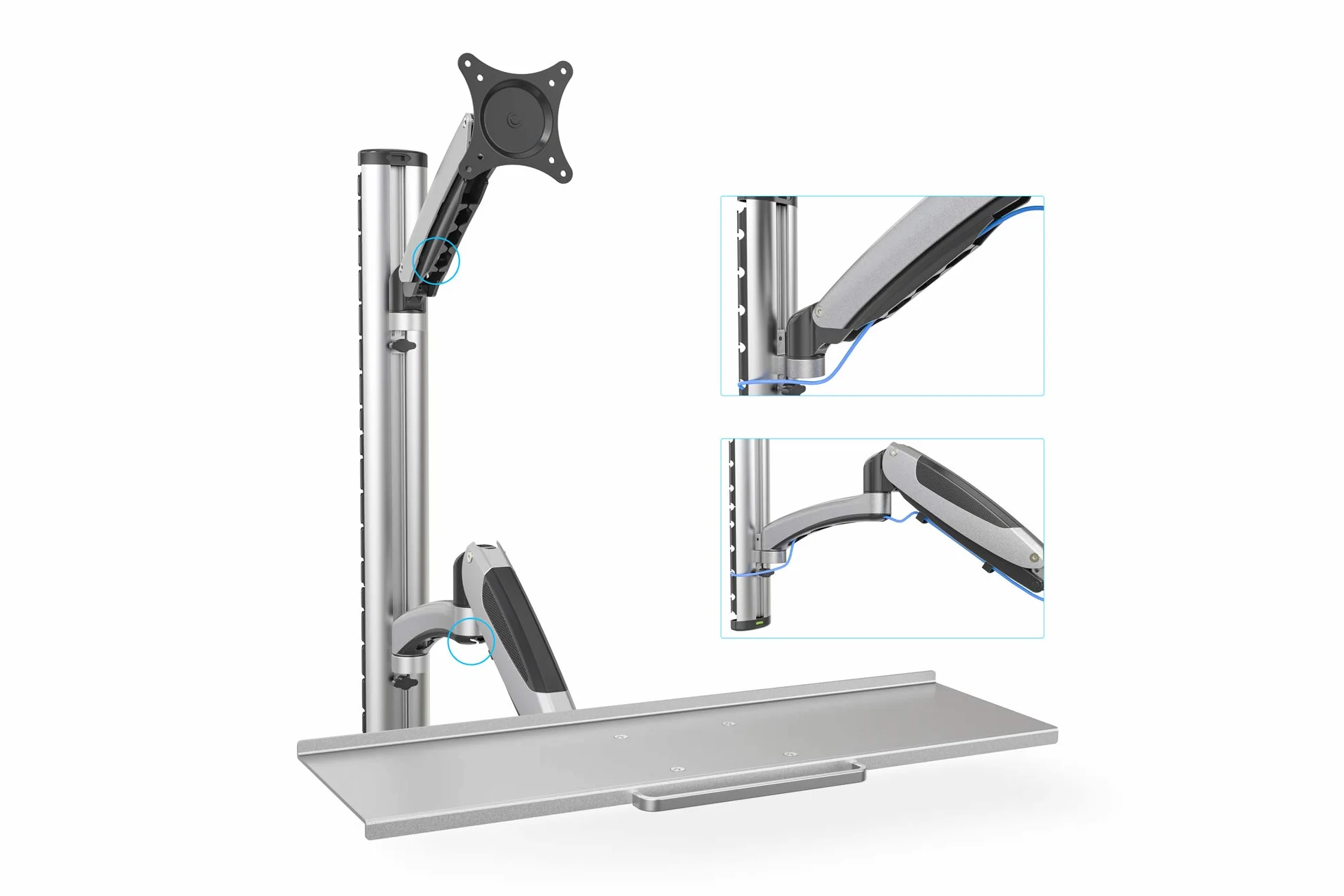 DIGITUS DA-90354 – Steh-, Sitz-Arbeitsplatz – Monitor-Halterung mit Tastaturablage – Wandmontage – 2x Gasdruck-Feder – 1 Monitor – Bis 27 Zoll – VESA 75x75, 100x100 – Silber