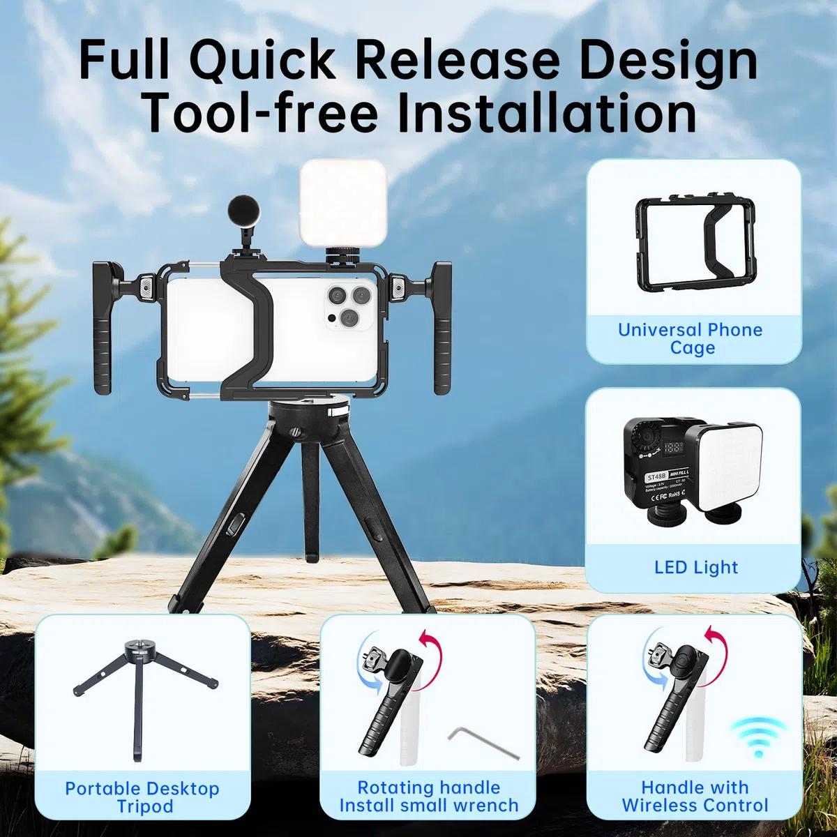 Phone Video Stabilizer Rig Kit:Phone Cage Rig for Video Recording with Handles LED Light Tripod - For Videomaker Videographer - for iPhone for Samsung for Pixel and Other Android Phones