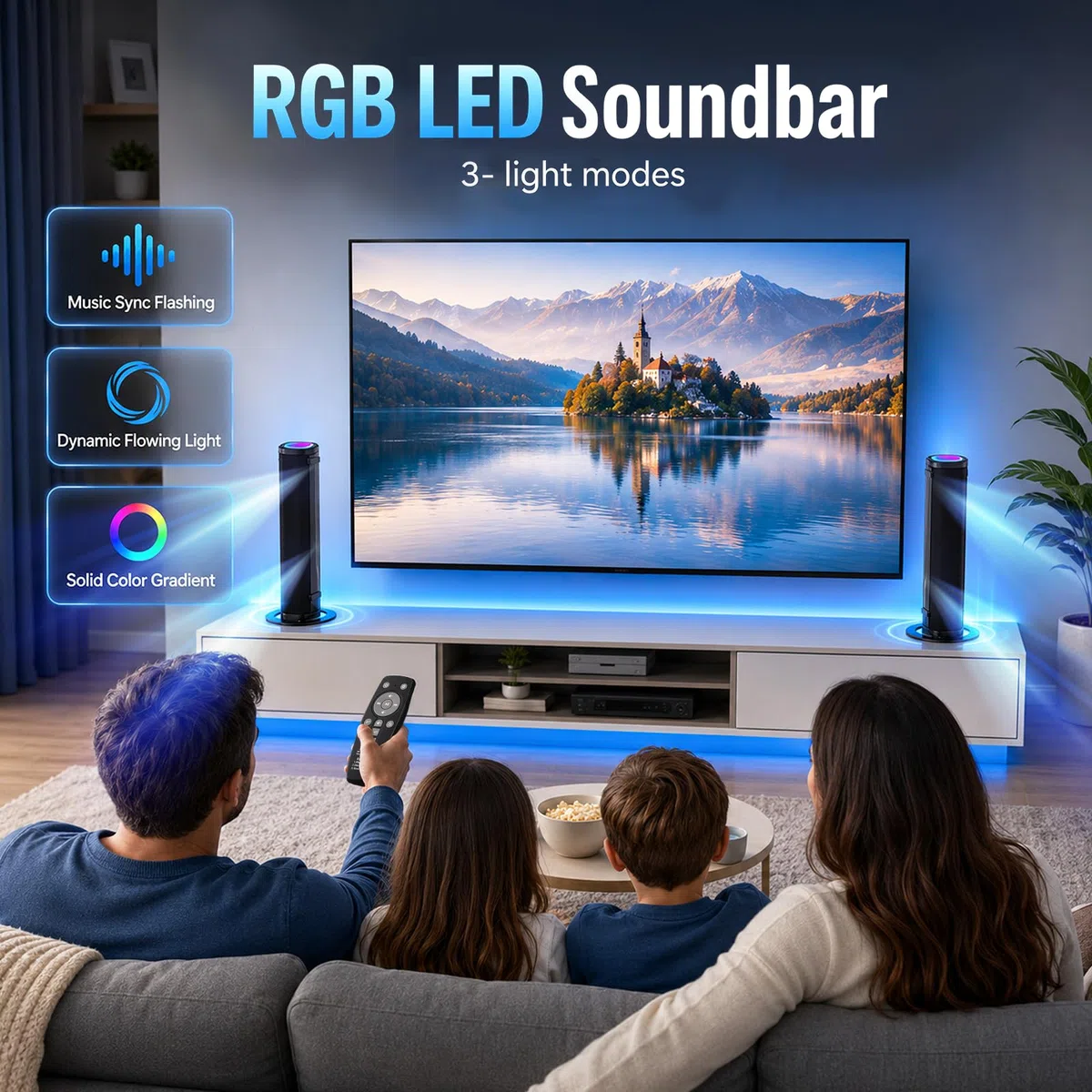 Teilbare 2-in-1 Soundbar (2.2 Kanäle, 240 W) mit RGB-Licht & Bluetooth 5.3, 3 EQ-Modi & regelbarem Bass, TV-Lautsprecher für Fernseher/Gaming/PC/Beamer – inkl. ARC, Optisch, Aux, USB
