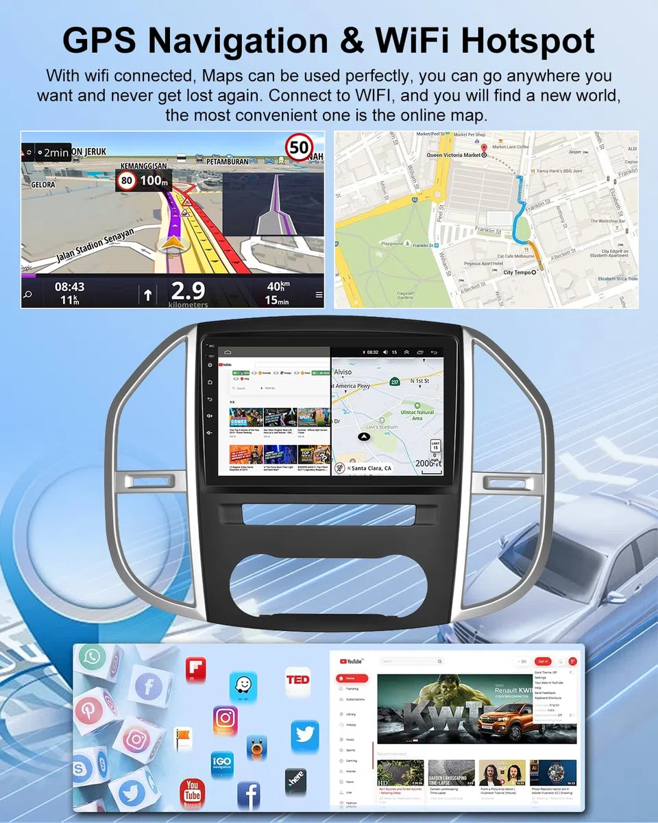 NHOPEEW 2+64G 10.1 Zoll Android Radio für Mercedes Benz Vito W447 2014-2020 - Wireless CarPlay & Android Auto GPS Navigation, Lenkradsteuerung, FM RDS, Split-Screen + Rückfahrkamera