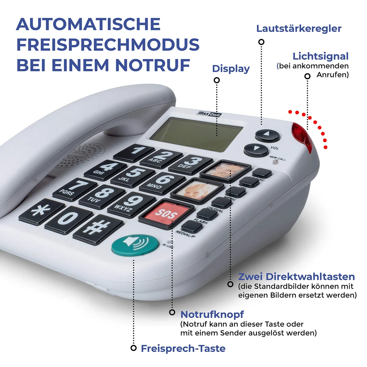 MaxCom KXTSOS: Seniorentelefon mit Funk-Notruf-Sender, schnurgebundenes Festnetztelefon mit Arm- und Halsbandsender, großen Tasten, Adapterstecker, hörgerätekompatibel