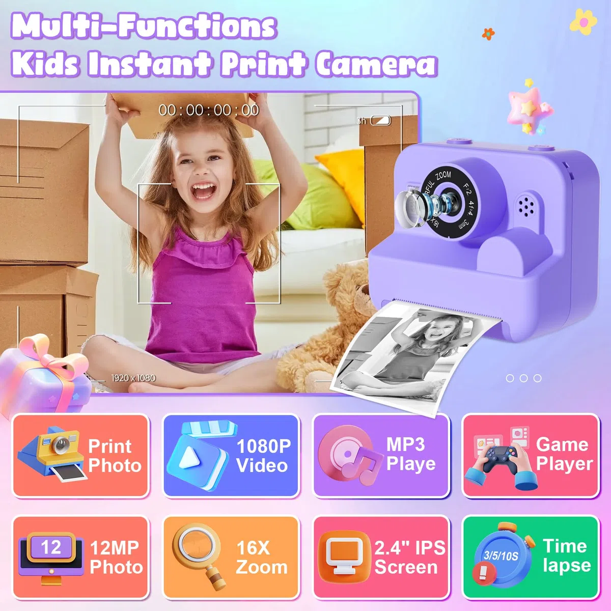 GKTZ Sofortbildkamera für Kinder 1080P mit 3 Rollen Fotopapier (Purple)